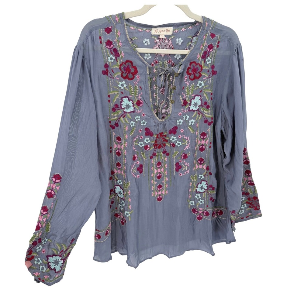 All About Her Blue Gray Embroidered Floral Cupro Boho Blouse L Long Sleeve Tie